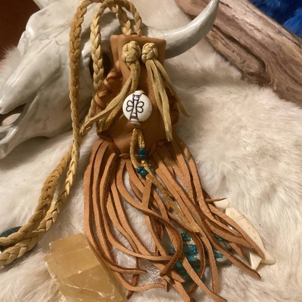 Medicine Bag Buckskin with Fringe and Braid Neck Strap, Soft Deerskin Fringed Leather Medicine Pouch, Ready to Ship, Made  in Canada