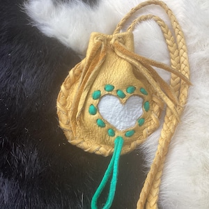 Medicine Bag Necklace,  OOAK Deerskin Leather  Medicine Pouch with Heart,, Ready to Ship, Handmade in Canada