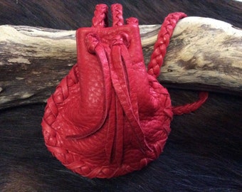 Medicine Bag,Handmade Red Leather Medicine Pouch on Braid Necklace,Made in Canada