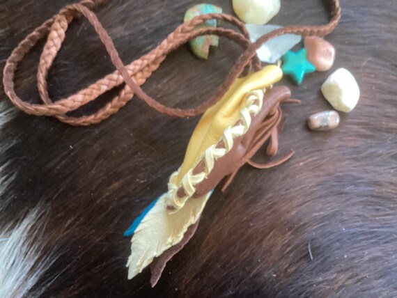 Deerskin Medicine Bag Necklace With Leather Feathers, Leather