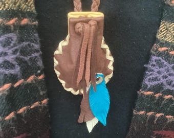 Deerskin Medicine Bag Necklace With Leather Feathers, Leather