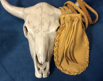 Leather Medicine Bag, Deer Hide Medicine Bag with Braid Neckstrap, Ready to Ship, Handmade in Canada