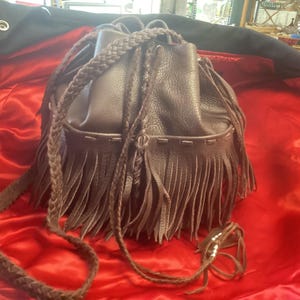 Brown Bucket Bag with Fringe and Braid Strap, Brown  Leather Purse, Ready to Ship, Handmade Soft Leather Bag, Made in Canada