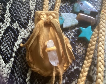 Deerskin Medicine Bag, Gold Leather Pouch with Crystal, Braid Strap