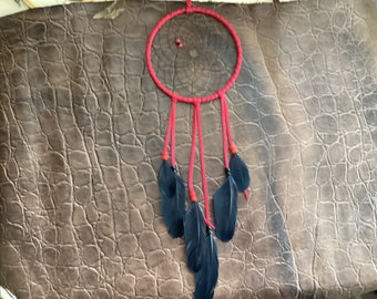 Dream Catcher,Red with Black Feathers, Handmade Leather Dream Catchers, Ready to Ship, Made in Canada