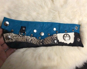 Abstract Deerhide Leather Cuff Bracelet, Rivets, Star Concho
