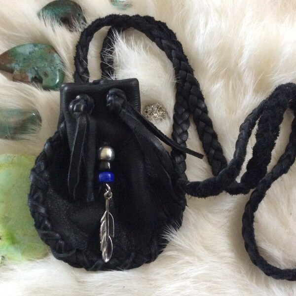 Handmade Leather Medicine Bag with Glass  Beads and Metal Feather, Black Deerskin Medicine Pouch with Braid Necklace,Canadian Made