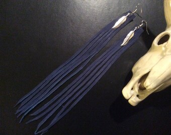 Blue Fringed Deer Hide Earrings, Leather Earrings with Fringe and Metal Feathers, Handmade Earrings, Long Fringe Earrings Made in Canada