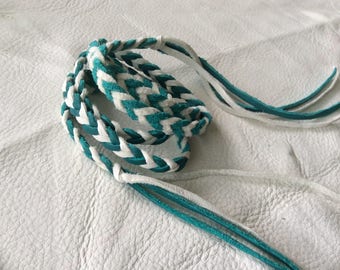 White  and Turquoise  Deer Hide Leather Braid Hair Wrap, Handmade in Canada