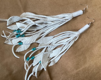 Long Fringed Earrings with Beads,White  Leather Feathers Tassel Earrings, Made in Canada