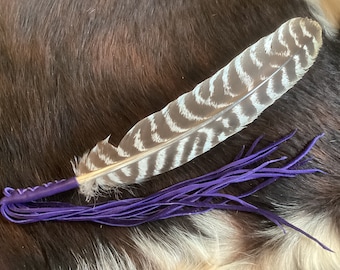Large Wild Turkey Feather Smudge Fan, Purple Leather Fringe, Handmade