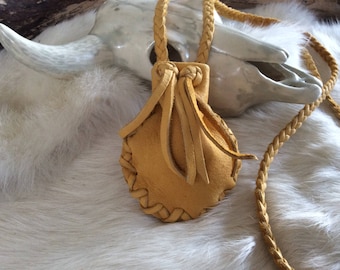 Gold Deerskin Neck Pouch, Leather Medicine Bag on Braid Strap, Canadian Made