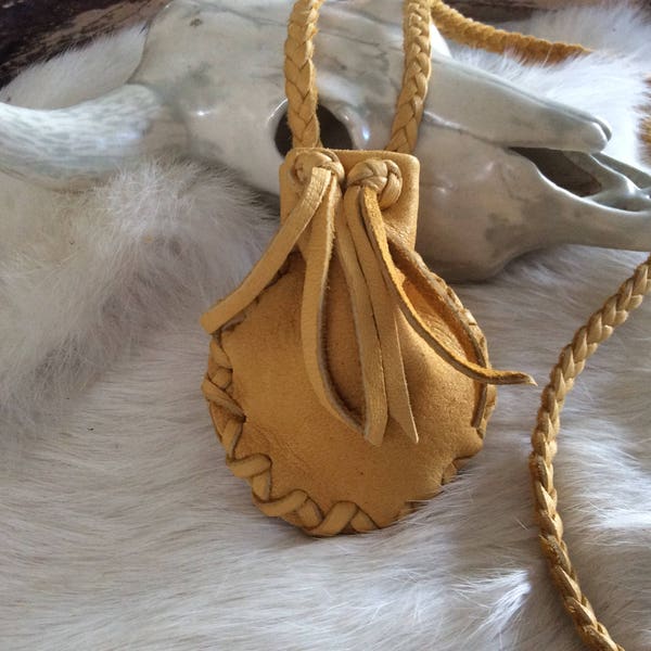 Gold Deer Hide Medicine Bag, Deerskin Neck Pouch on Long Braid Strap, Leather Medicine Bag on Braid Strap, Medicine Pouch,  Canadian Made