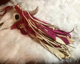 One of A Kind Fringed Purse Accessory, Soft Deerhide Leather Purse Tassel with Beads and Leather Feathers, Ready to Ship,  Made in Canada