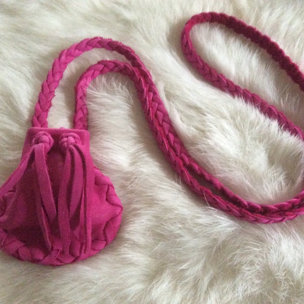 Worry Stone Pouch, Small Pink Deerskin Medicine Bag, Pink  Leather Medicine Pouch on Braid Necklace, Handmade in Canada