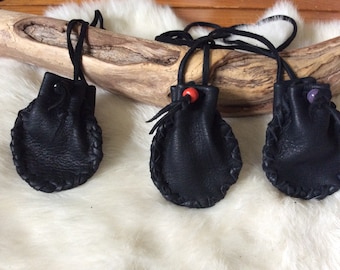 Handmade Black Deerhide Leather Medicine Bag, Drawstring Pouch