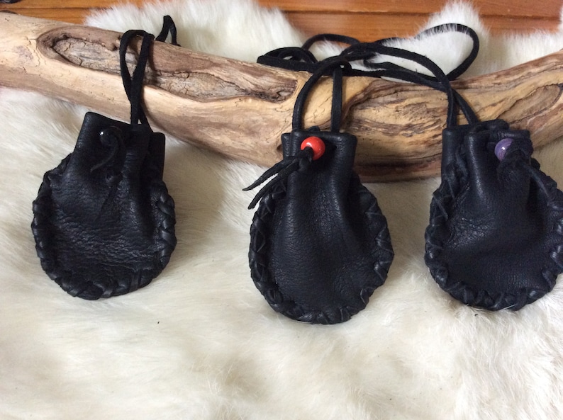 Medicine Bag,Deerskin Medicine Pouch, Simple Black Leather Pouch, Crystal Pouch, Buckskin Medicine Bag, Drawstring Pouch, Made in Canada image 1