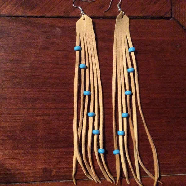 Fringed Leather Earrings with Light Blue Czech Glass Beads,  Deerskin Leather Fringe Earrings, Made in Canada