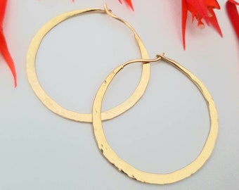 18K Gold 32mm Rustic Hoops. Hammered Solid 18K Gold Hand Crafted Pretty Minimalist Hoops.