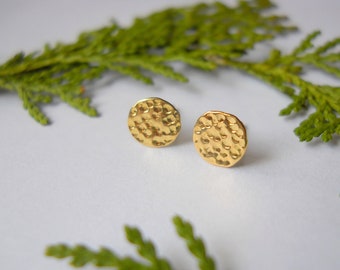 18K Solid Gold Hand Hammered and Textured Tiny Stud Earrings, "Dimpled Dots". 18K Forged Rustic Style Post Earrings.