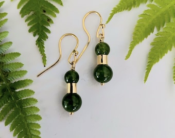 18K Solid Gold Green Jade Dangle Earrings – Alaskan Jade Gemstone Jewelry