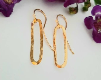 18K Gold Earrings. Long Oval Solid 18K Gold Hand Forged Dangles With Hammered Texture.