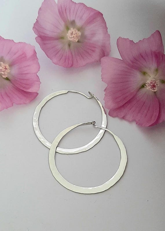 Solid Platinum Artisan Made 32 mm Hoops With Rustic Hammered Texture.