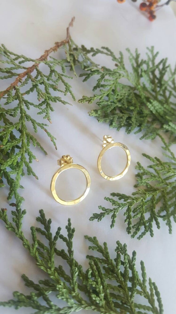 Solid 18K Gold Delicate Circle Earrings. Lightly Textured Glinting "Circle of Gold" Post Earrings.