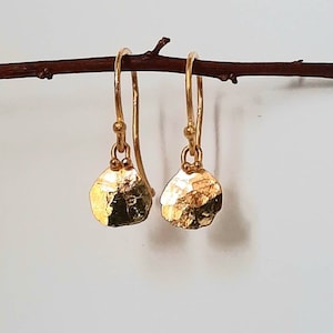 24K Solid Gold Artisan Earrings. Tiny Hammered Flutter Disk Dangle Earrings.