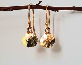 24K Solid Gold Artisan Earrings. Tiny Hammered Flutter Disk Dangle Earrings.