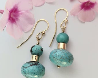 Solid 18K Gold And Natural Turquoise Bead Earrings. Extra Large Artisan Earrings For Turqoise Lovers.