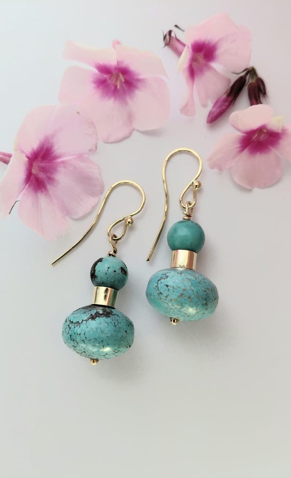 Solid 18K Gold Natural Turquoise Bead Earrings – Large Artisan Statement Jewelry