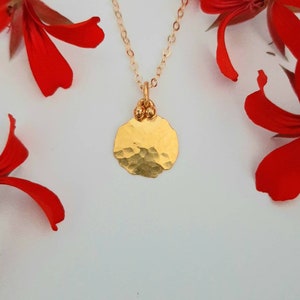24K Gold Hammered Disc Charm Pendant - Rustic Coin Necklace