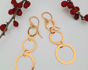 24K Gold Dangle Earrings, Long Hammered Circle French Hooks