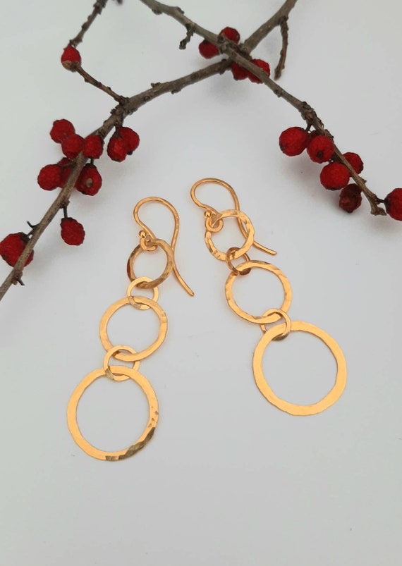 24K Gold Earrings. Solid 24K Gold Artisan Made Extra Long Triple Hammered Circle French Hook Dangles.