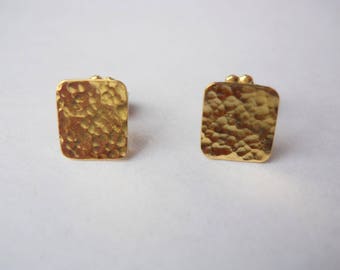 18K Solid Gold Stud Earrings, Textured Minimalist Square Design
