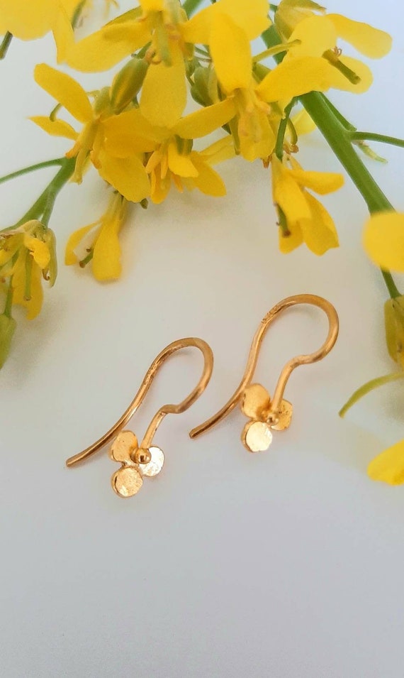 24K Solid Gold Artisan Made Earrings. Tiny Pure 24K Gold Flower Dangle Earrings.