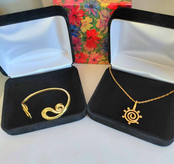 24K Spiral And Seed Pendant, Size Small 24K Golden Vine Cuff Bracelet- Two Items
