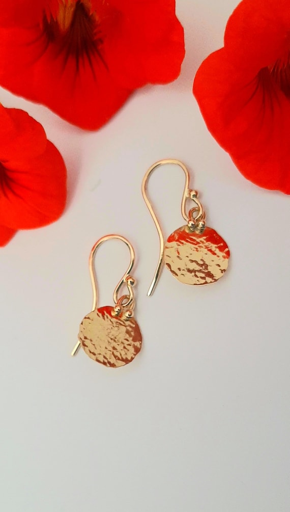 18K Solid Gold Earrings: Artisan Hammered Disk Dangle