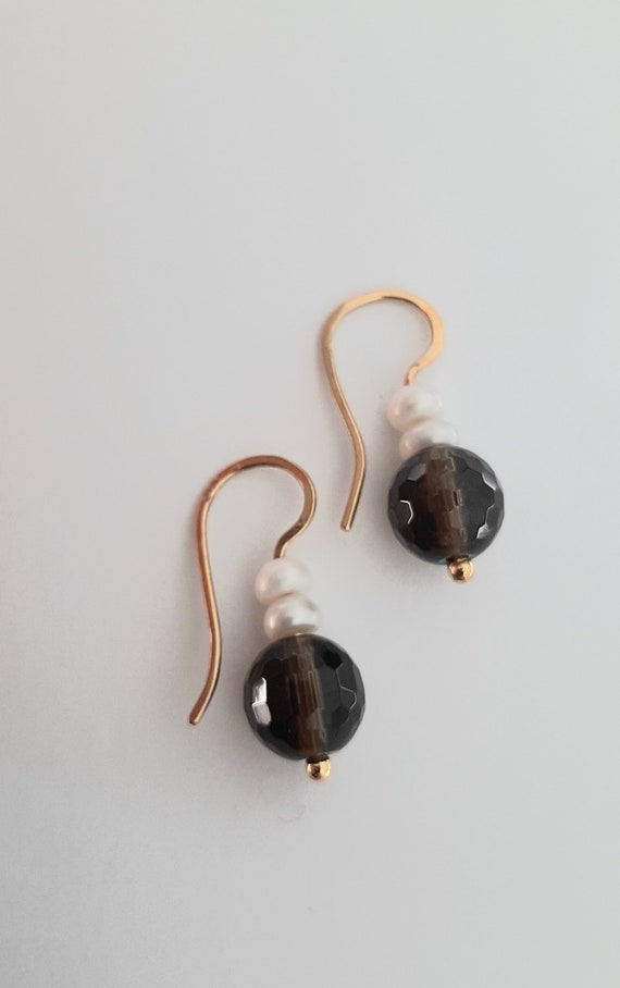 24K Gold and Smoky Quart with Freshwater Pearl Dangle Earrings. Solid 24K Gold For Sensitive Ears.