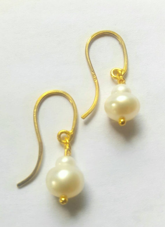 18K Gold Cultured Pearl Earrings: Petite Dangle Drop Earrings With Two Button Pearls