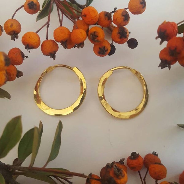 24K Solid Gold Artisan Hoop Earrings With Strong 18 Gauge Ear Wires.