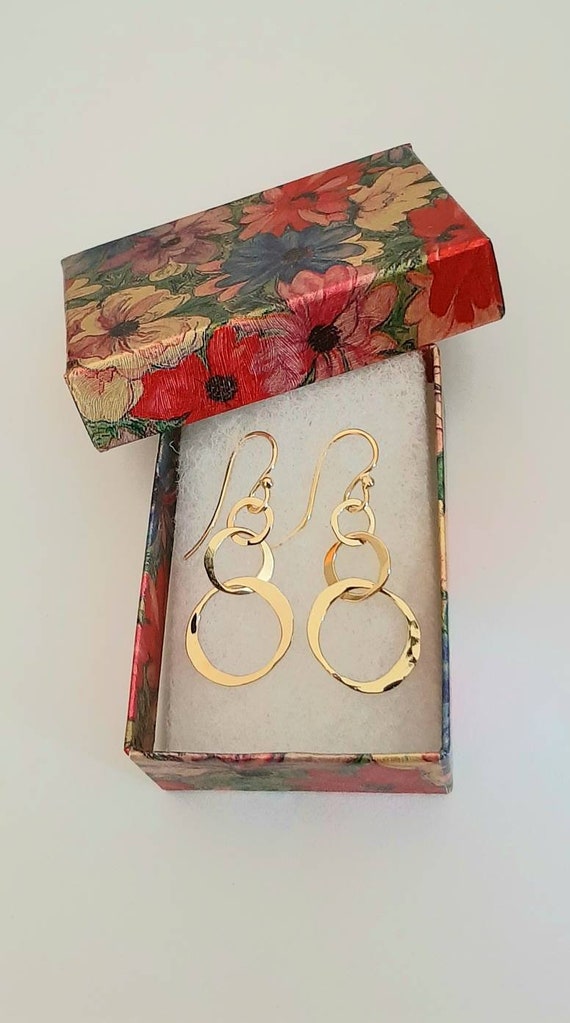 18K Solid Gold Triple Circle French Hook Dangle Earrings