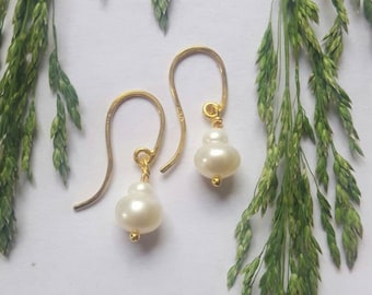 18K Gold Cultured Pearl Earrings: Petite Dangle Drop Earrings With Two Button Pearls