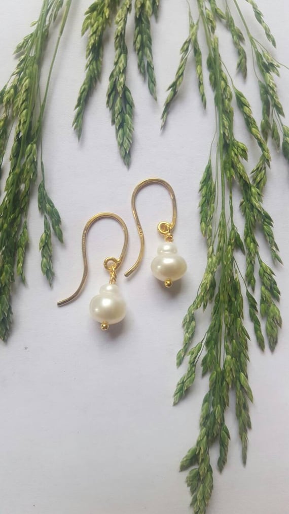 24K Solid Gold and Cultured Pearl Dangle Earrings. Pure Gold, Hypoallergenic, Minimalist, Tiny  Drop Earrings.