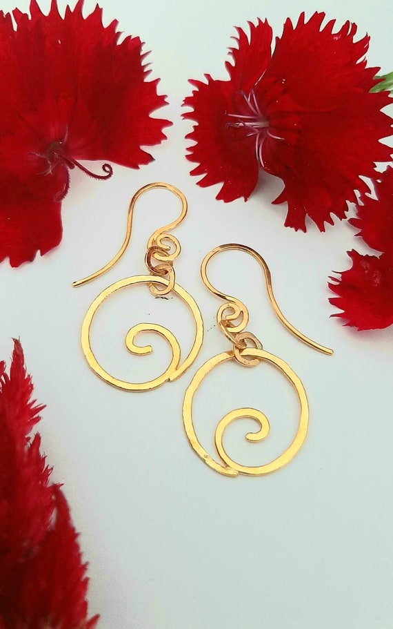24K Gold Earrings. Solid 24K Gold Spiral "Moon Wave" Dangle Earrings.