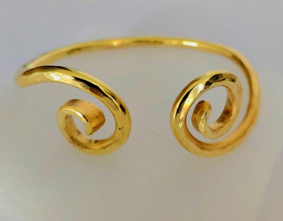 Hand Forged 24K Gold Double Spiral Cuff Bracelet: Heavy Hammered Artisan Design