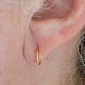 Pu&ograve; includere: Primo piano di un orecchio con un piccolo orecchino a cerchio d'oro.