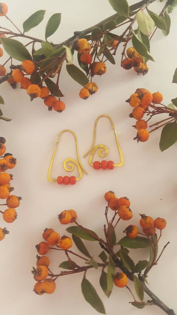 24K Gold Hoops Earrings. Triangle Shape With Lucky Red Bamboo Coral Beads. Solid 24K Gold Handmade Artisan Earrings.