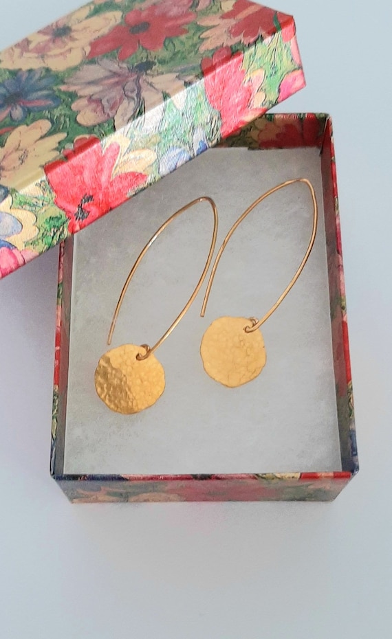 24K Solid Gold Artisan Earrings With Hammered Disk